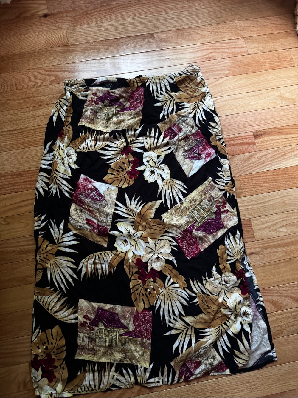 Requirements Black Tropical Print Midi Skirt with Gold & Burgundy Accents
